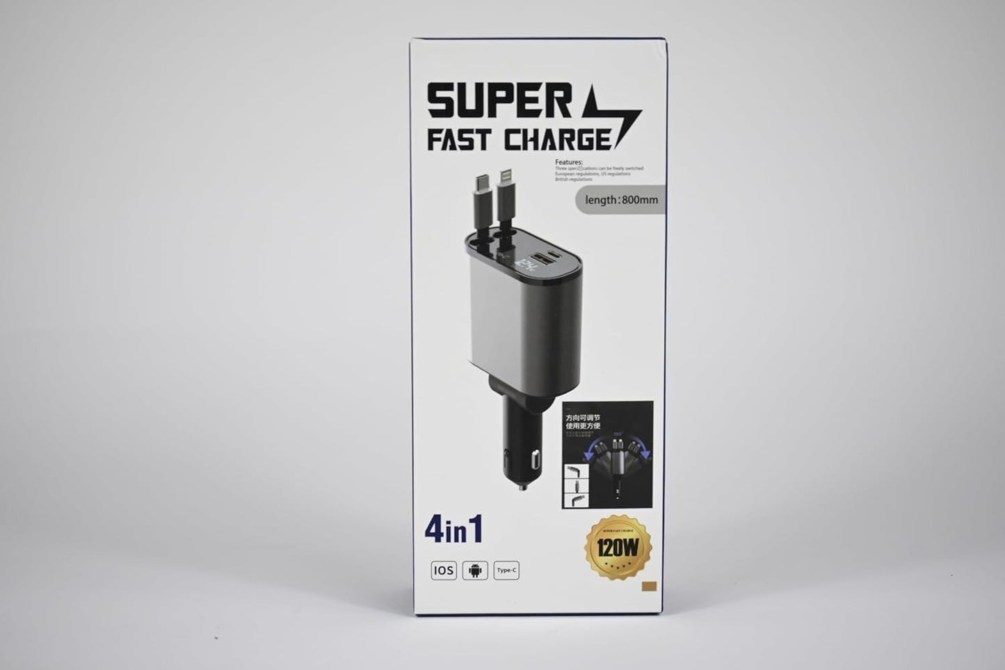 4 Fast Charging Ports with 80cm Retractable Cables